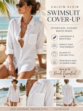 Calvin Klein White Button Up Shirt L Regular Fit Stretch Beach Cover Up Coastal